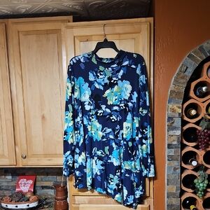 LOGO By Lori Goldstein Blue Green Floral Long Sleeve Mock Neck Tunic Top Pocket